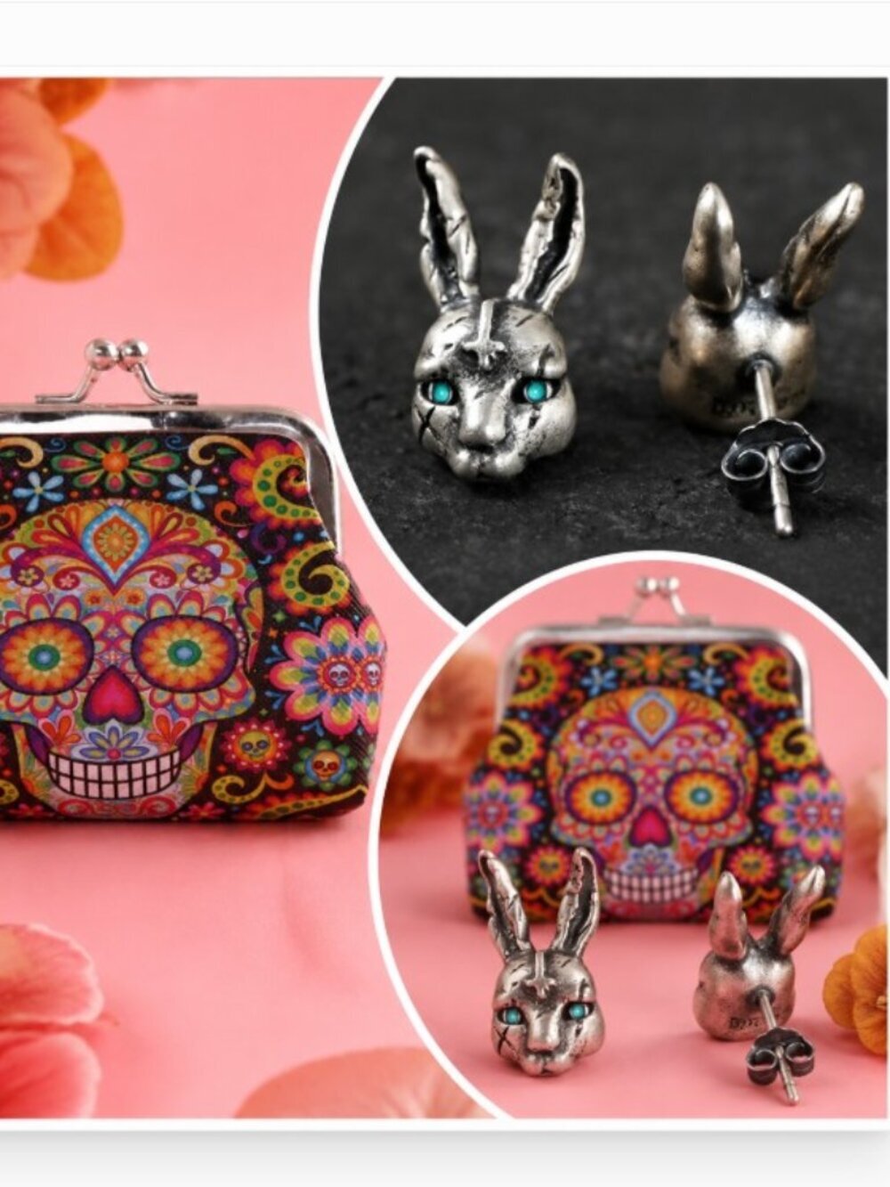 🎃🎃 Mexican Ethnic Coin Purse and Gothic Copper Rabbit Earrings Halloween NEW